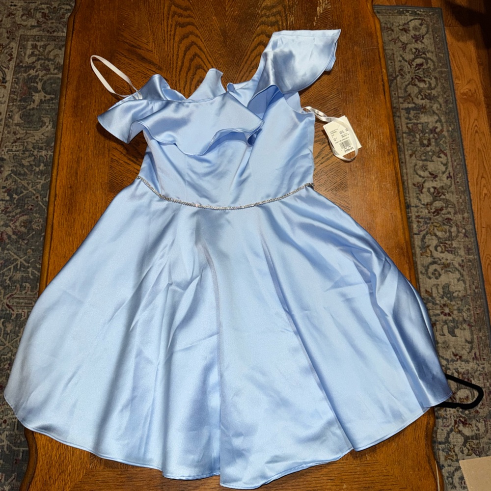 Light Blue One-Shoulder Ruffle Satin Party Dress - Picture 4 of 13